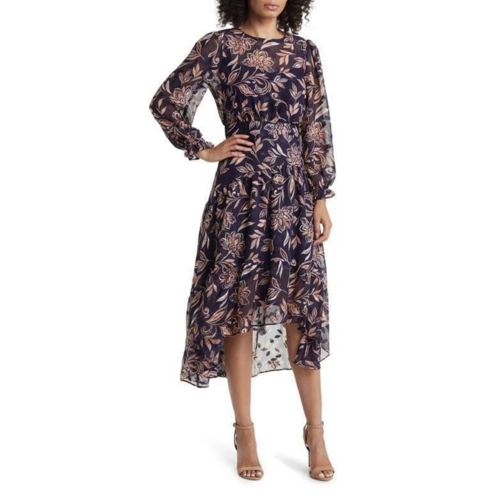 ELIZA J Women's Navy‎ Floral Long Sleeve Jewel Neck Dress Sz 6 Boho preppy